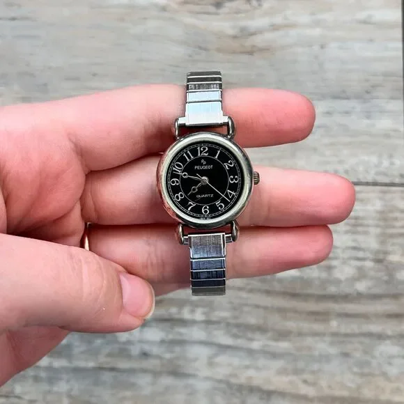 Peugeot Petite Black Dial Watch Silver Stretch Band Quartz Classic Vintage - Picture 2 of 5